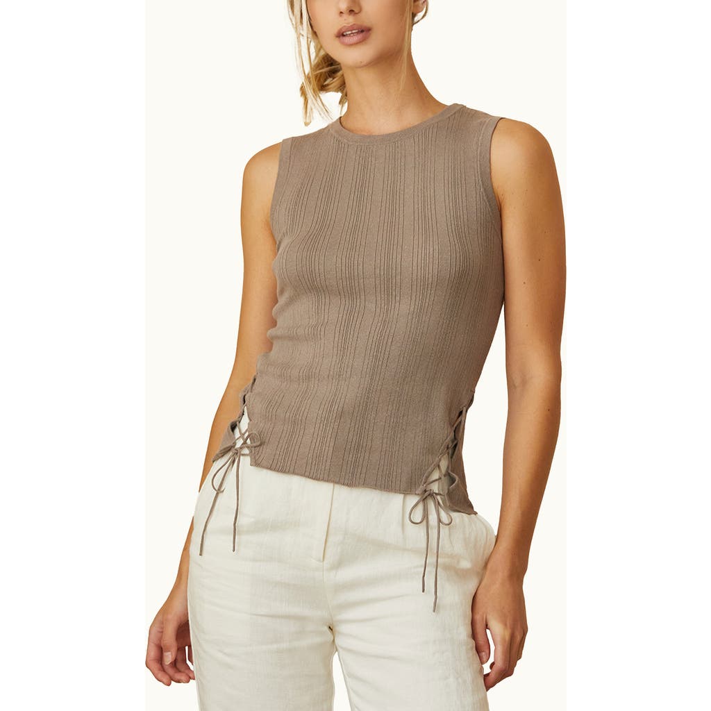 Crescent Lace Up Linen Blend Knit Tank Top In Brown