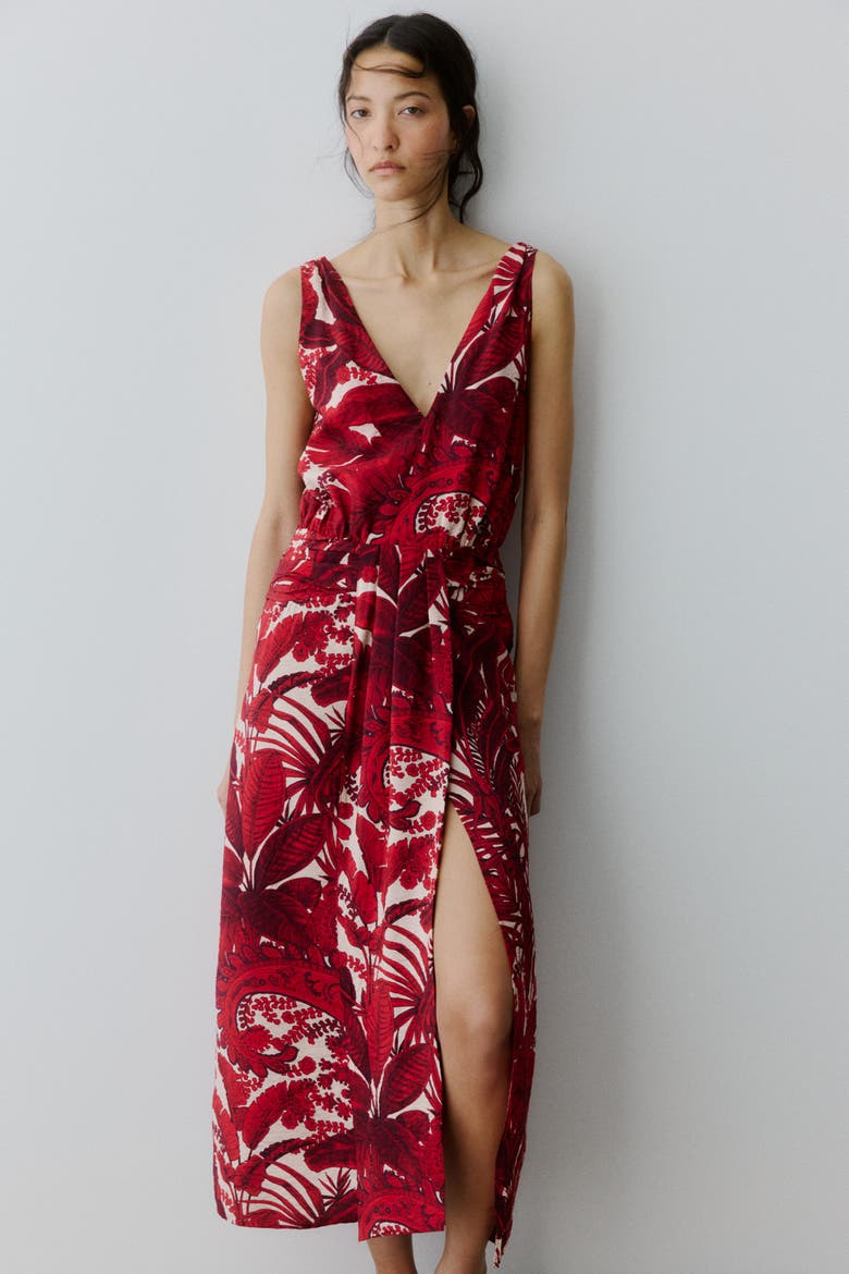 V-neck Midi Dress, Alternate, color, Red/patterned