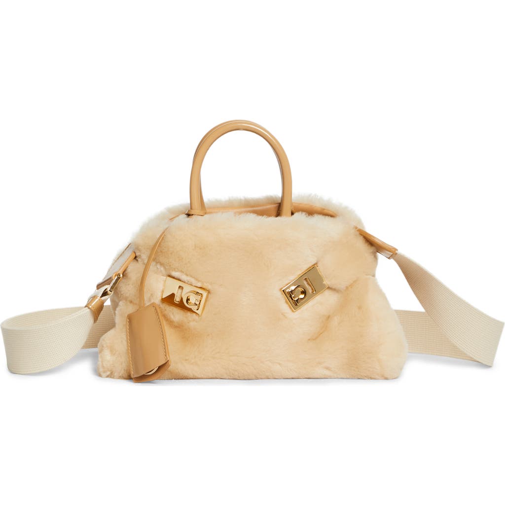 Ferragamo Hug Small Shearling Tote Bag In Naturale/camel