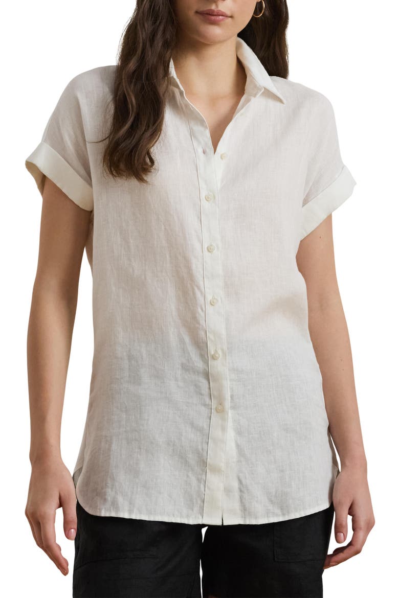 Short Sleeve Linen Button-Up Shirt, Main, color, WHITE