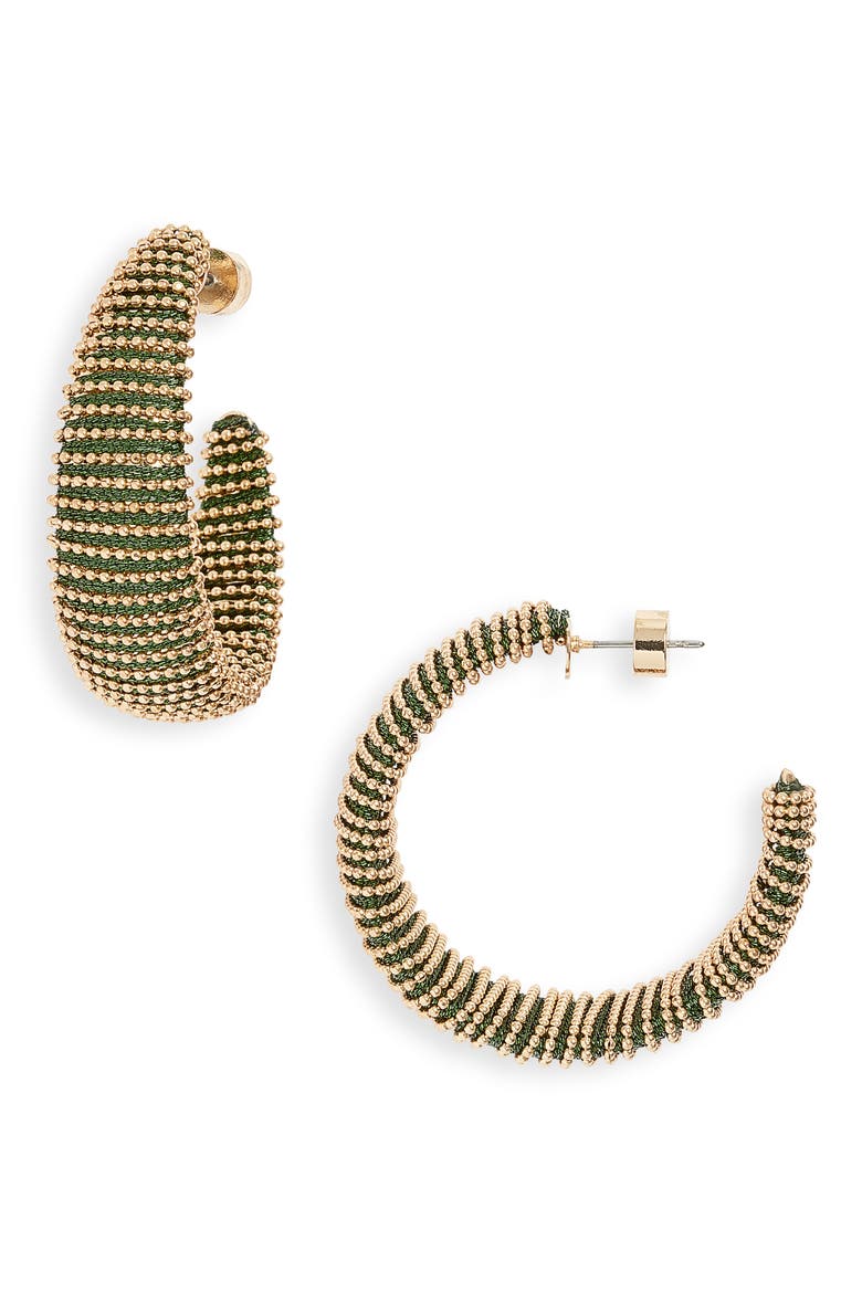 Metallic Thread Hoop Earrings, Main, color, DARK GREEN- GOLD