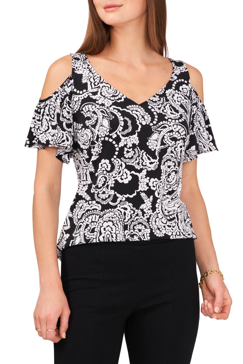 Print Cold Shoulder Top, Main, color, BLACK/WHITE