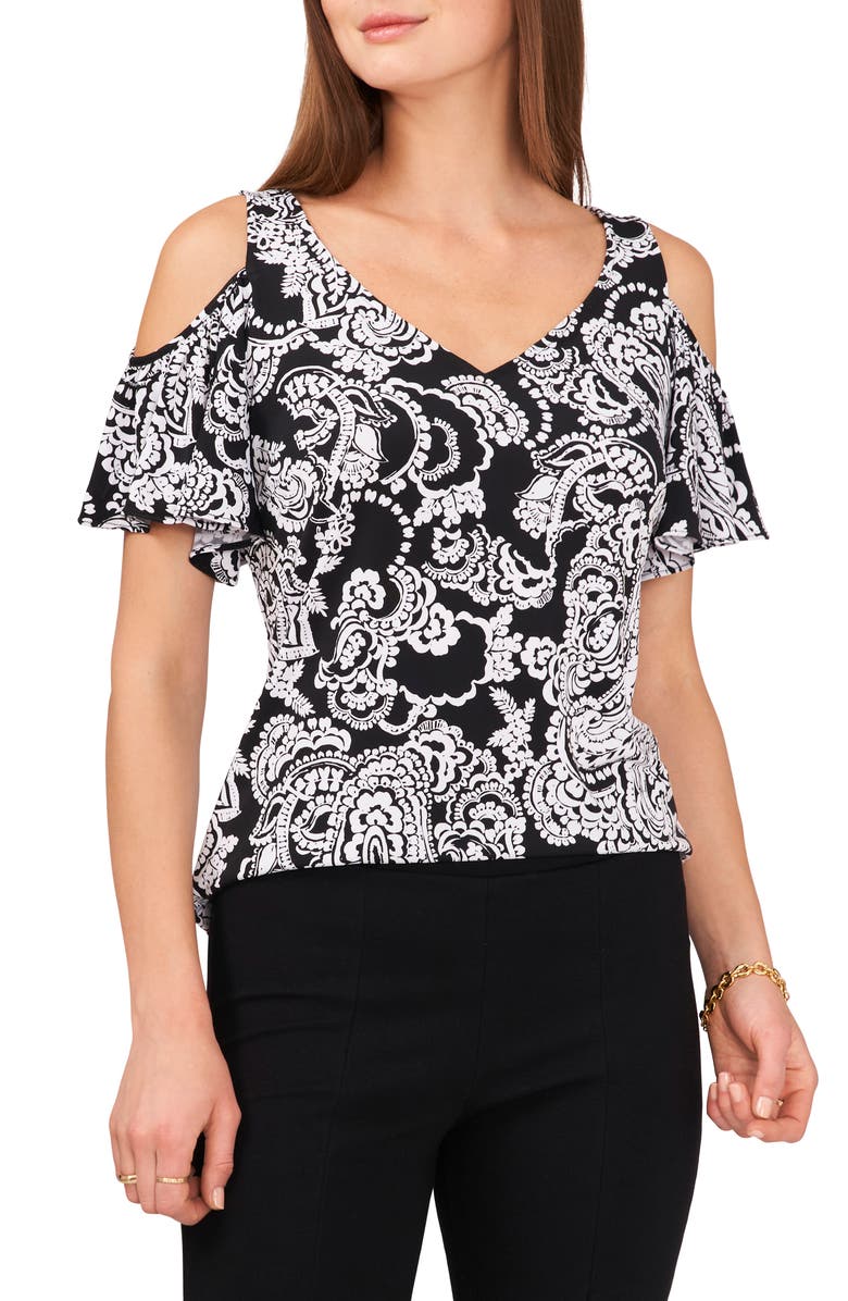 Chaus Print Cold Shoulder Top, Main, color, Black/White 010