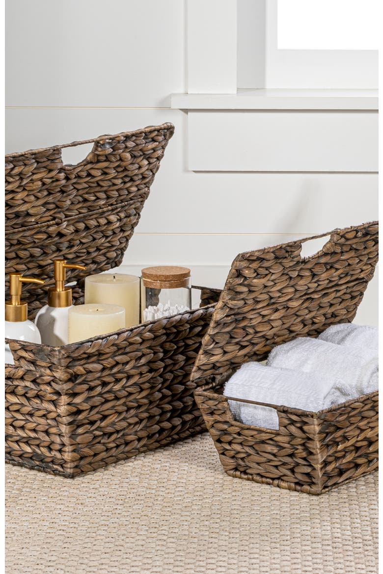 Wilder Classic Farmhouse Woven Hyacinth Rectangular Storage Baskets with Lids and Handles, Alternate, color, Brown