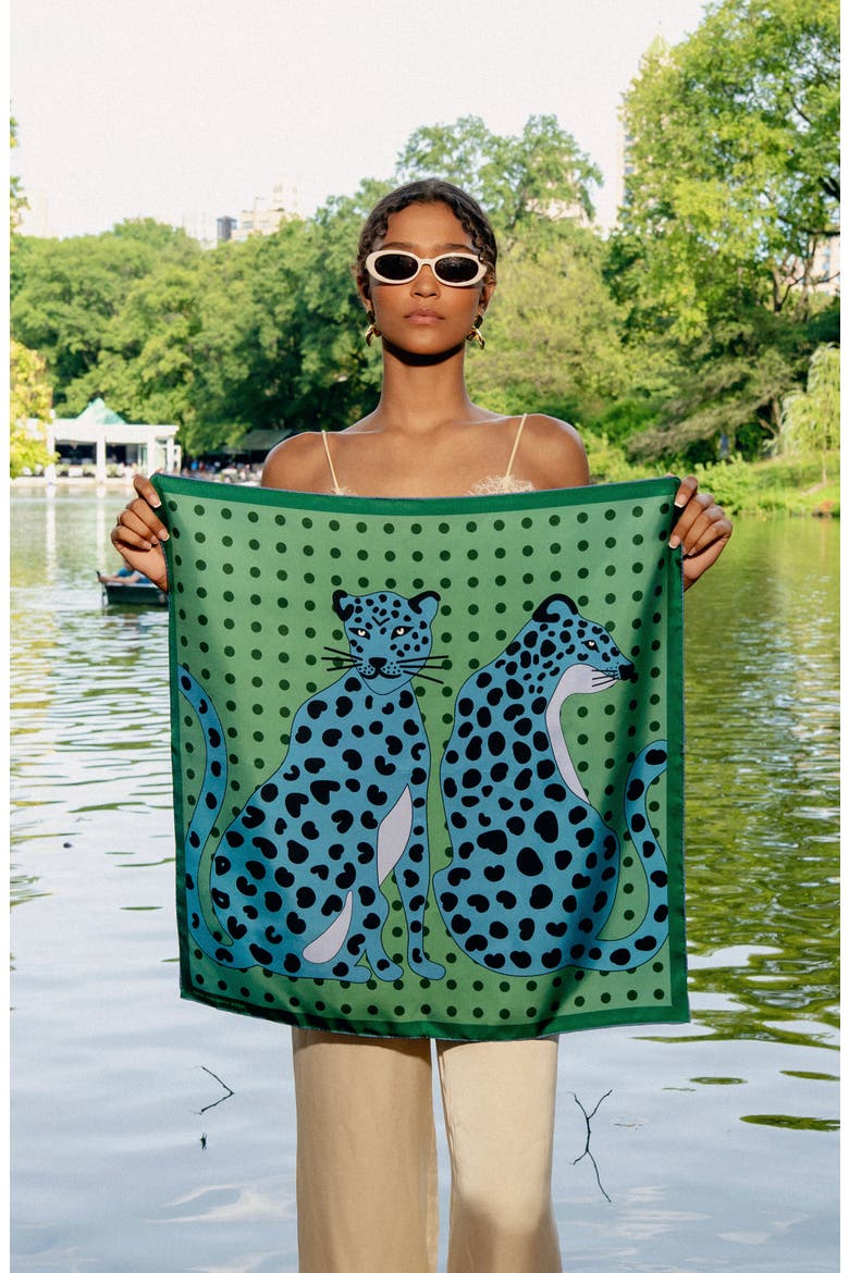 Twin Leopards Double Sided Silk Scarf, Alternate, color, Green