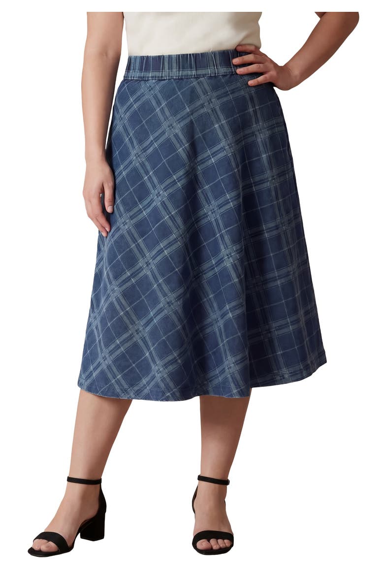 Comfort Waist Stretch Denim Swing Skirt, Main, color, DENIM BIAS PLAID