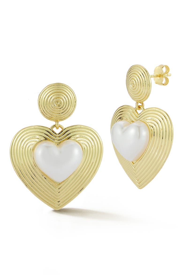Faux Pearl Heart Drop Earrings, Main, color, GOLD