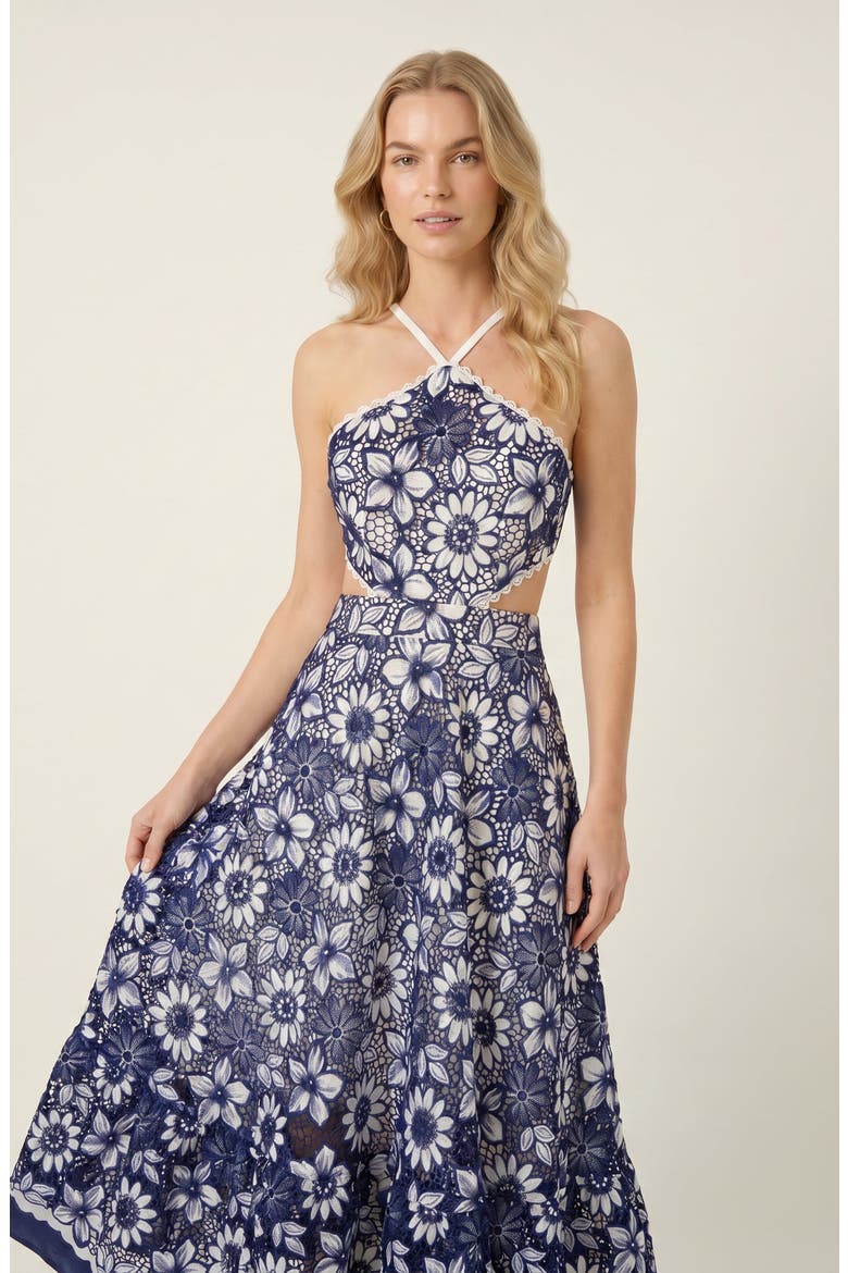 Halter Dress with Vintage Embroidery and Cutout Waist, Alternate, color, Blue