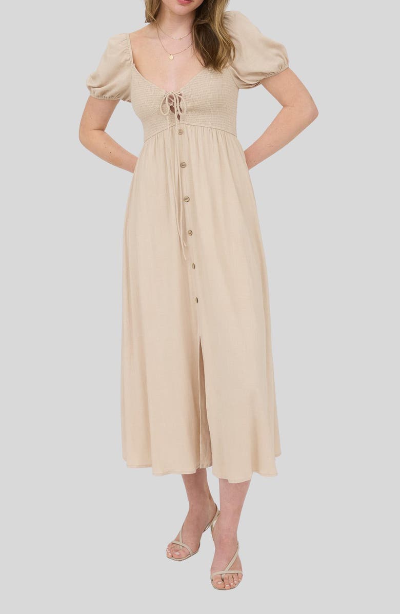 Blu Pepper Puff Sleeve Smocked Midi Dress, Main, color, Light Khaki