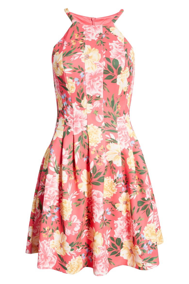 Floral Halter Neck Fit & Flare Scuba Dress, Alternate, color, HOT PINK