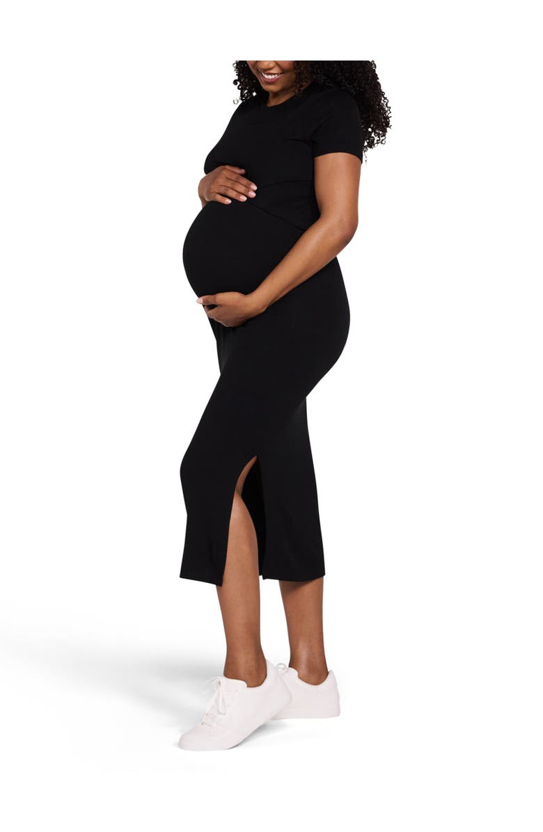MOTHERHOOD MATERNITY Crew Neck Short Sleeve Nursing Midi Dress, Alternate, color, Black