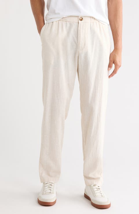 Elastic Waist Linen Blend Trim Fit Pants