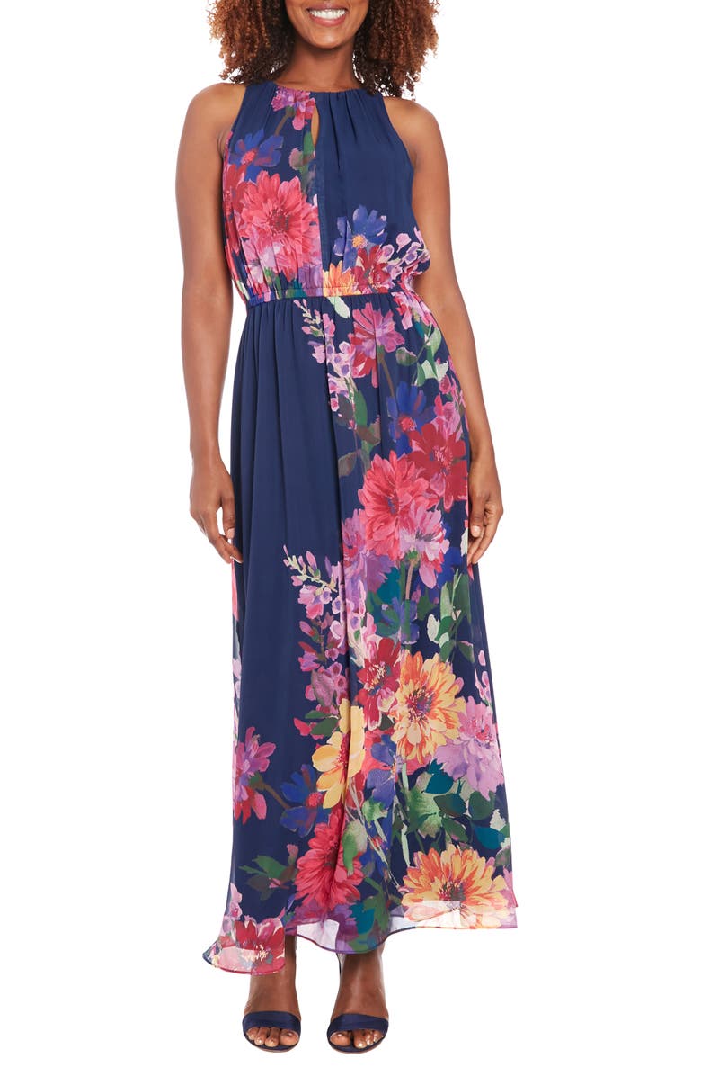 London Times Floral Sleeveless Chiffon Maxi Dress, Main, color, 