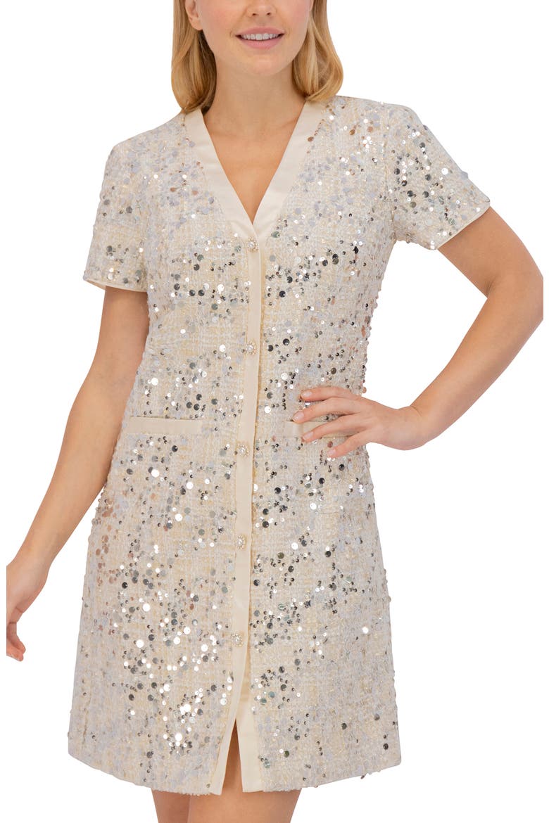 Sequin Tweed Shift Dress, Alternate, color, IVY