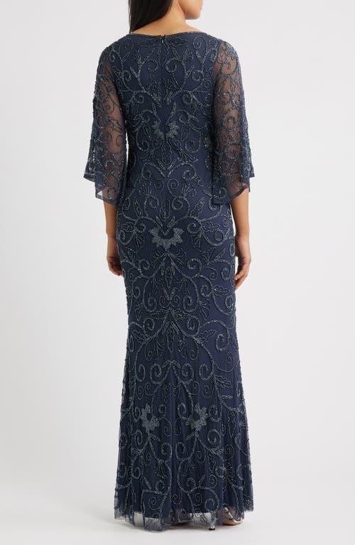 Pisarro Nights Beaded Three Quarter Sleeve Gown In Blue