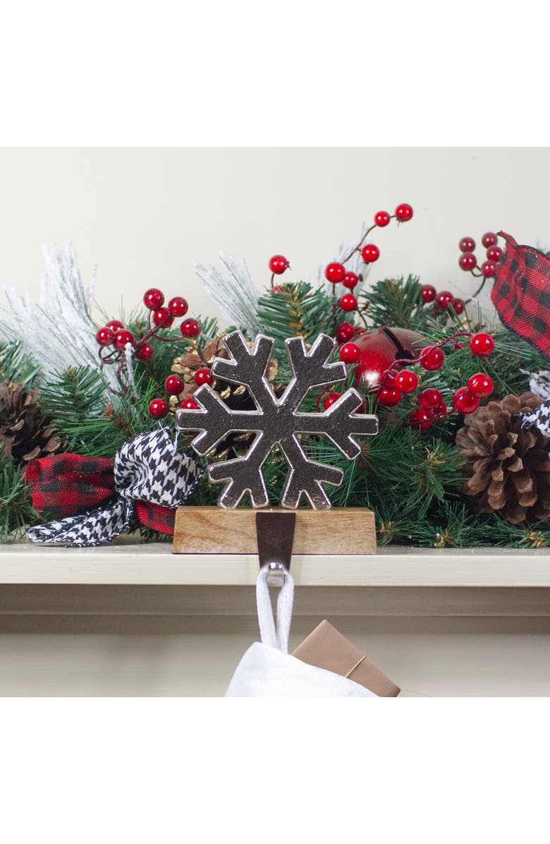 Northlight 6" Silver Snowflake on Wood Look Base Christmas Stocking Holder, Alternate, color, Silver