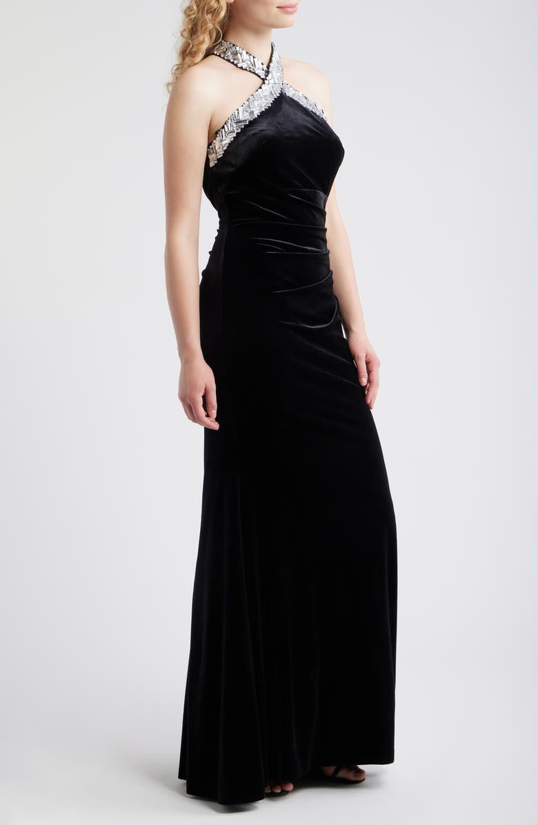 Eliza J Rhinestone Detail Velvet Sheath Gown, Alternate, color, Black