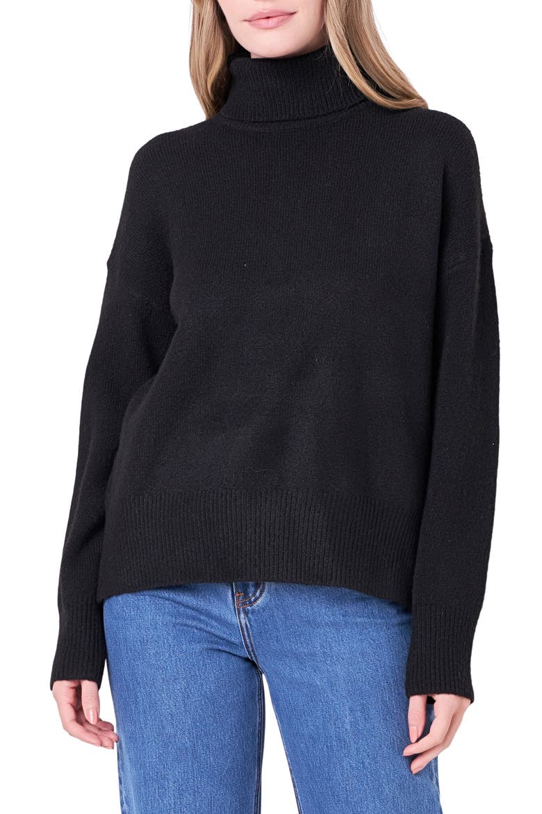 Notch Hem Turtleneck Sweater, Main, color, BLACK