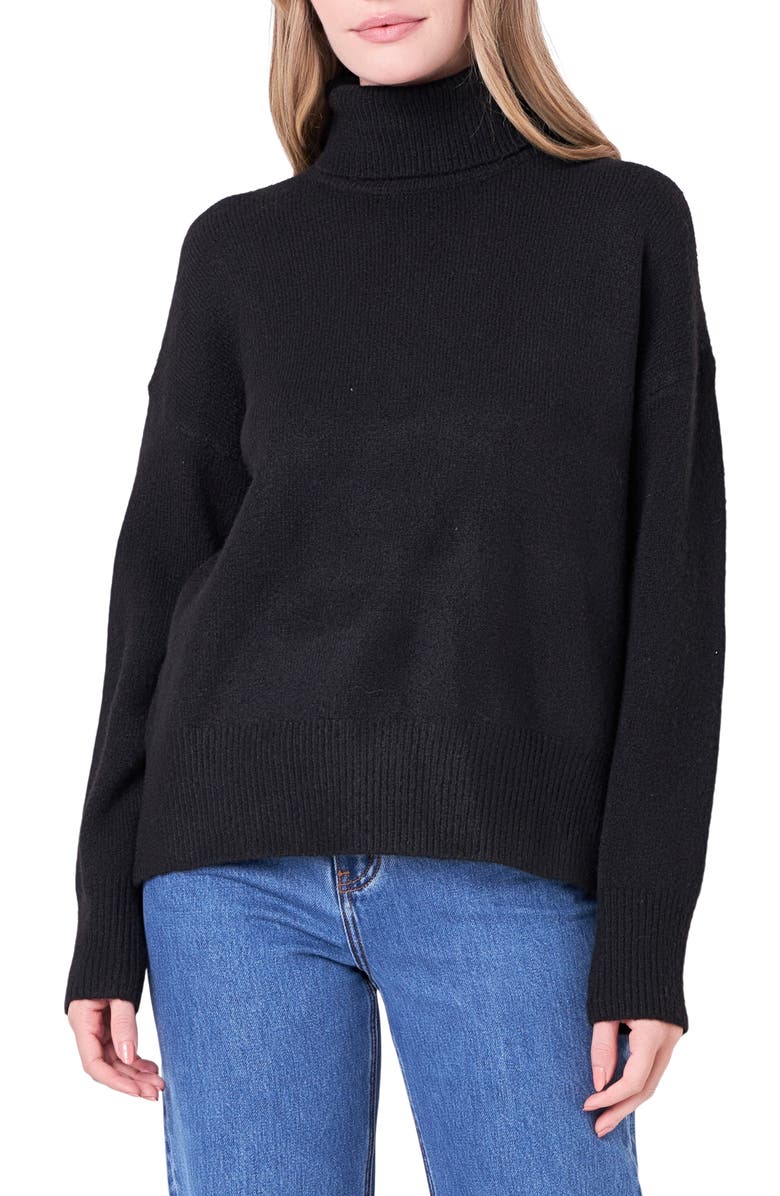 English Factory Notch Hem Turtleneck Sweater, Main, color, Black
