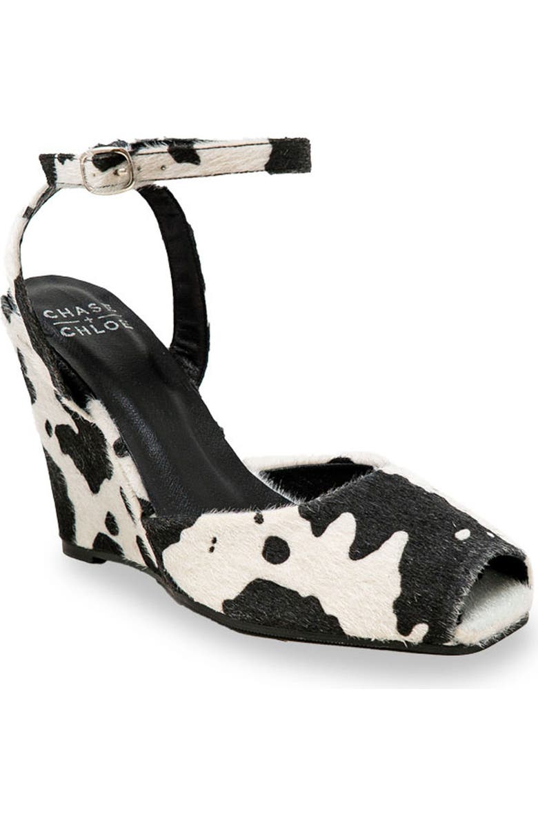 CHASE AND CHLOE Peep Toe Wedge Sandal, Main, color, Black/ White Cow