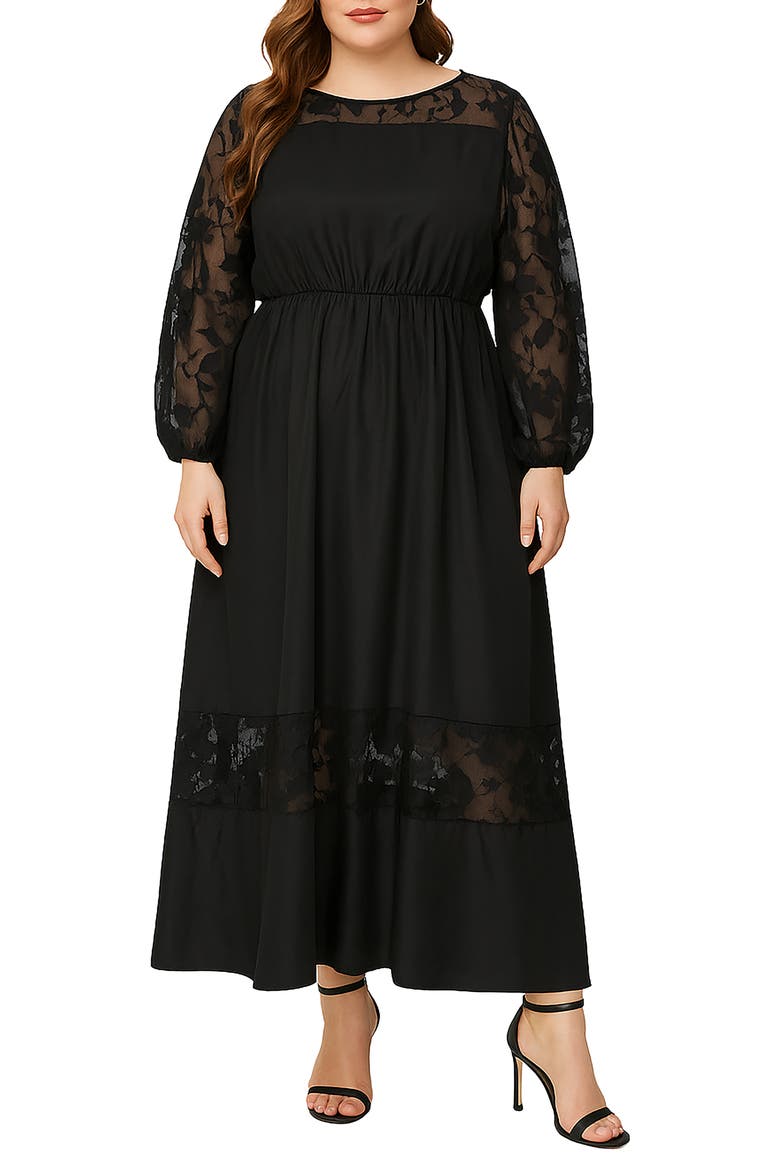 Mixed Media Long Sleeve Maxi Dress, Main, color, BLACK