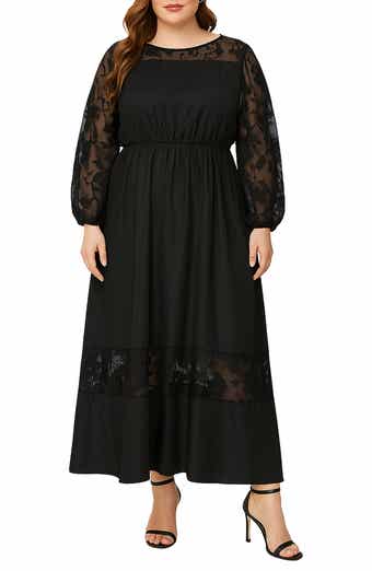 plus size long sleeve high low dress Plus Size Cocktail Party Tulle Lace Black High Low Hem Round Neck Long Sleeve Elegant Ruffle Mini Dress