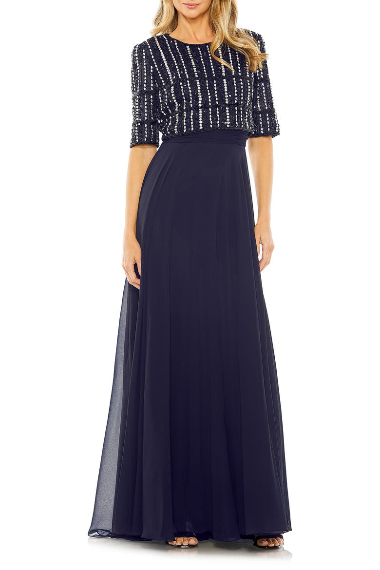 Fully Beaded 3/4 Sleeves Top Chiffon Gown, Main, color, MIDNIGHT