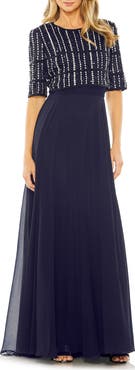 Mac Duggal Fully Beaded 3/4 Sleeves Top Chiffon Gown