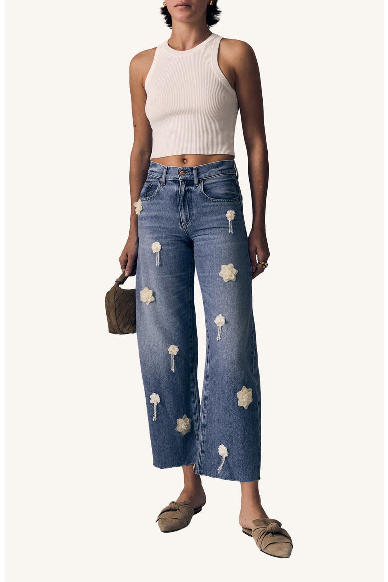 Nomad Flower Appliqué High Waist Wide Leg Jeans, Alternate, color, MOON FLOWER