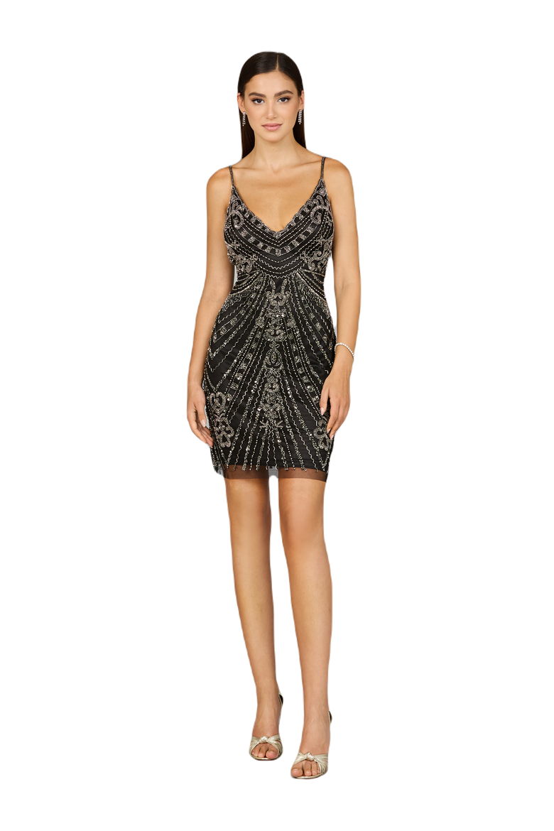 Embellished Cocktail Dress with V-Neckline, Main, color, Black
