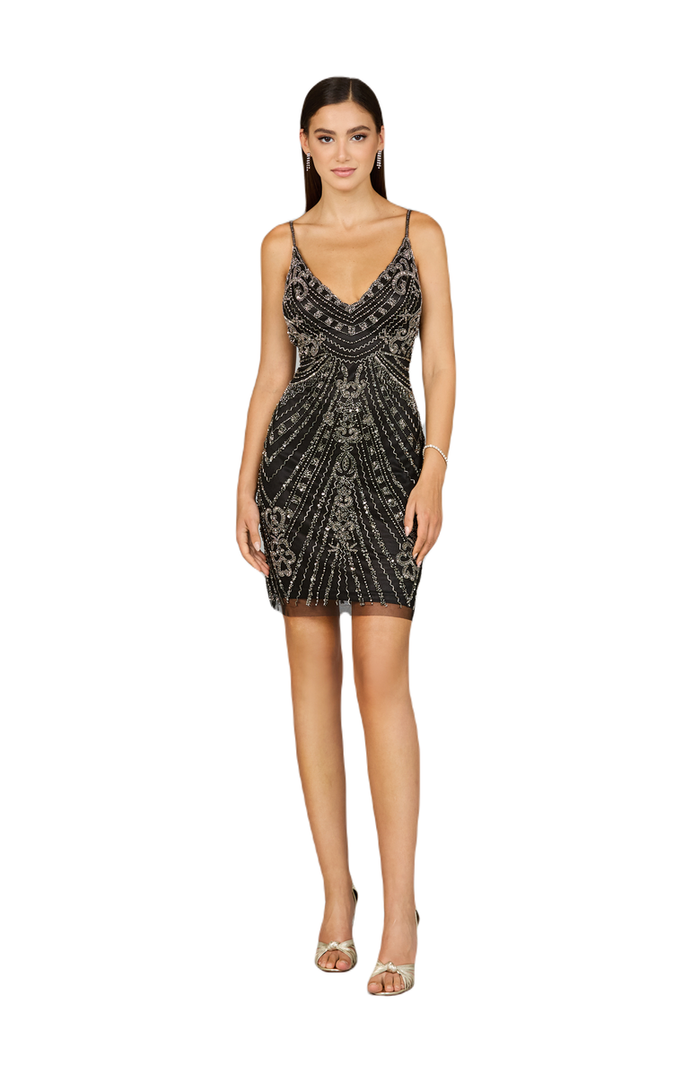 LARA New York Embellished Cocktail Dress with V-Neckline, Main, color, Black