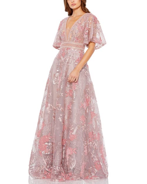 Mac Duggal Embroidered Flounce Sleeve A-line Gown