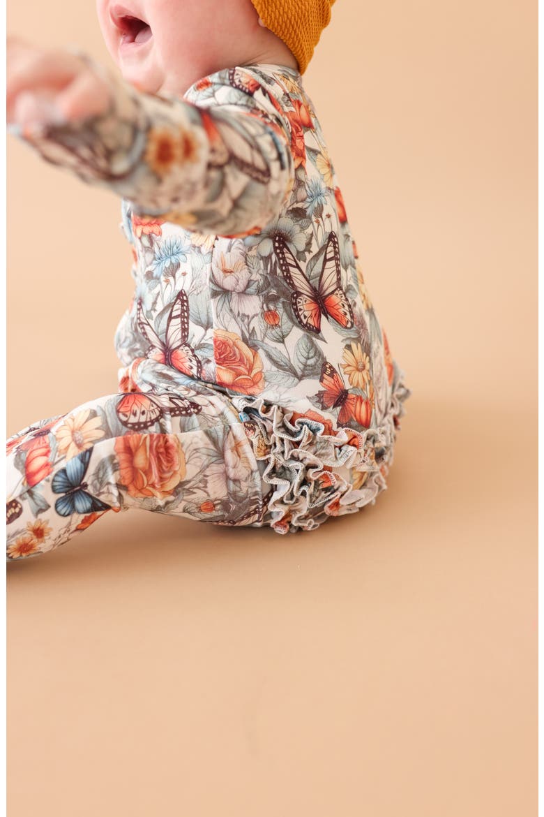 Floral Ruffle Zip Footie, Alternate, color, BEIGE