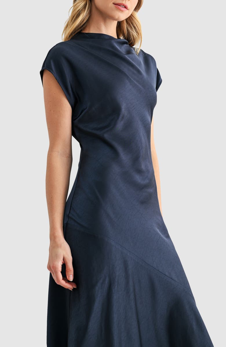 Mila Mae Short Sleeve Asymmetric Hem Satin Maxi Dress, Alternate, color, Dark Navy