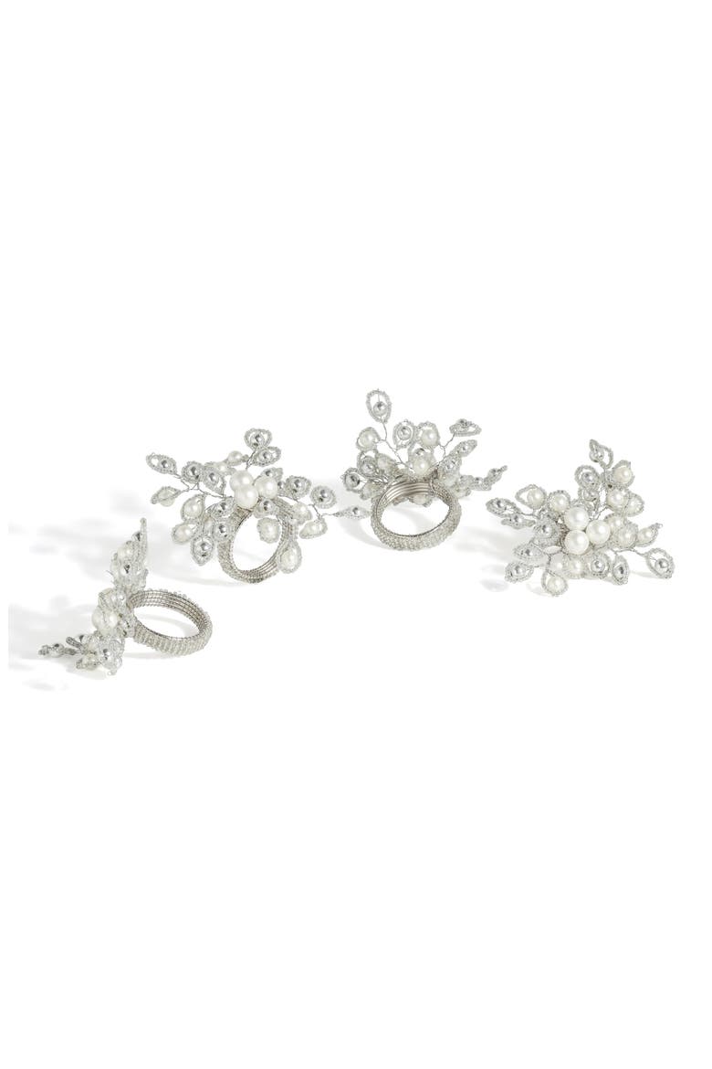 Arctic Halo Set of 4 Faux Pearl Napkin Rings, Main, color, WHITE/ SILVER