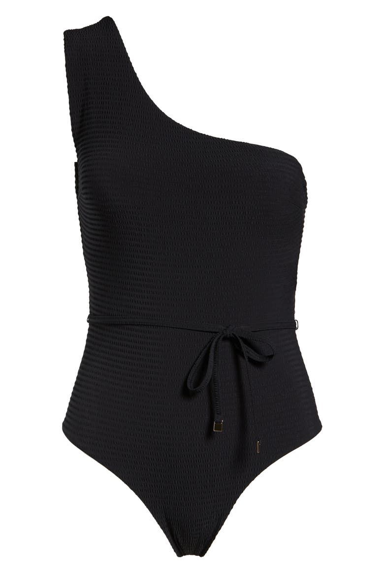 Messina One-Shoulder Tie Waist One-Piece Swimsuit, Alternate, color, BLACK