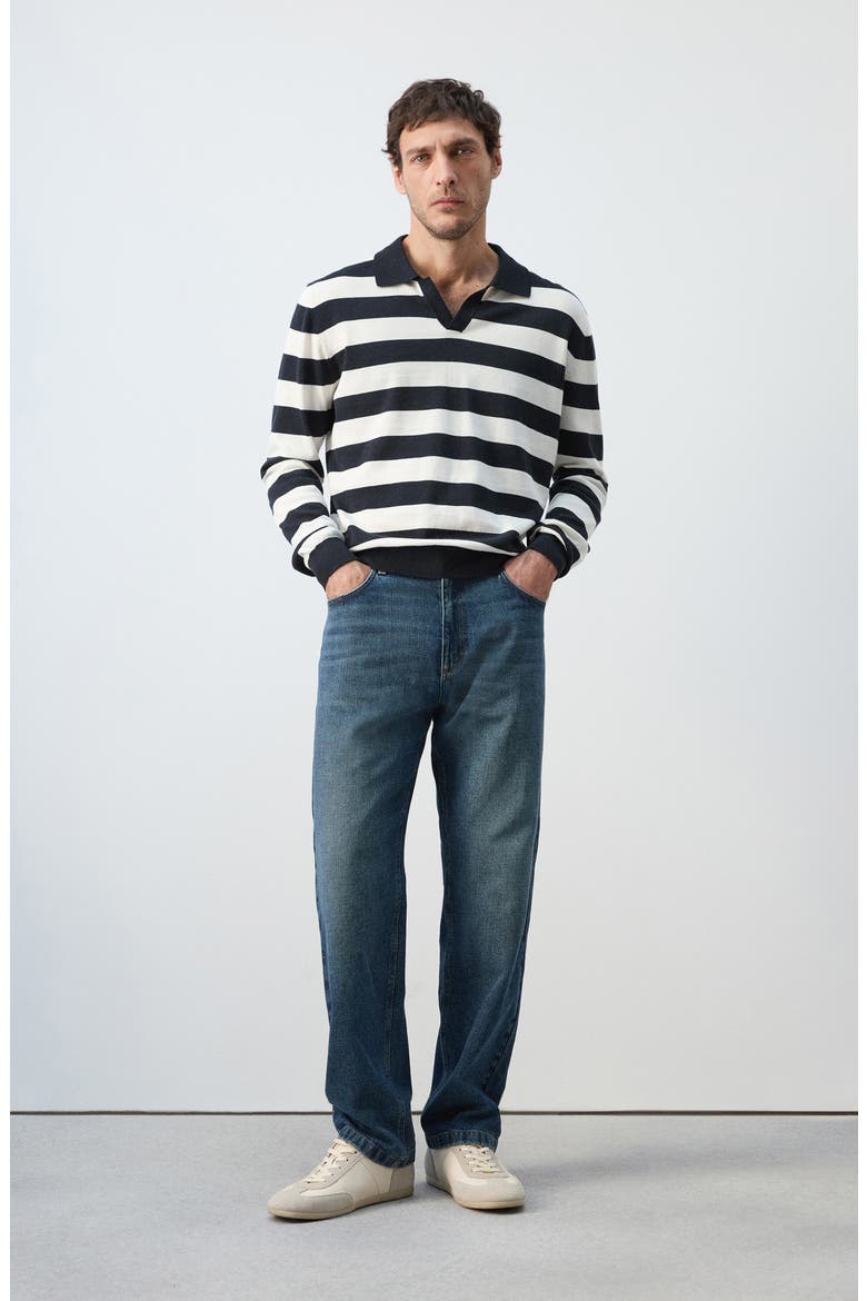 Fine Knit Long Sleeve Stripe Polo, Alternate, color, NAVY