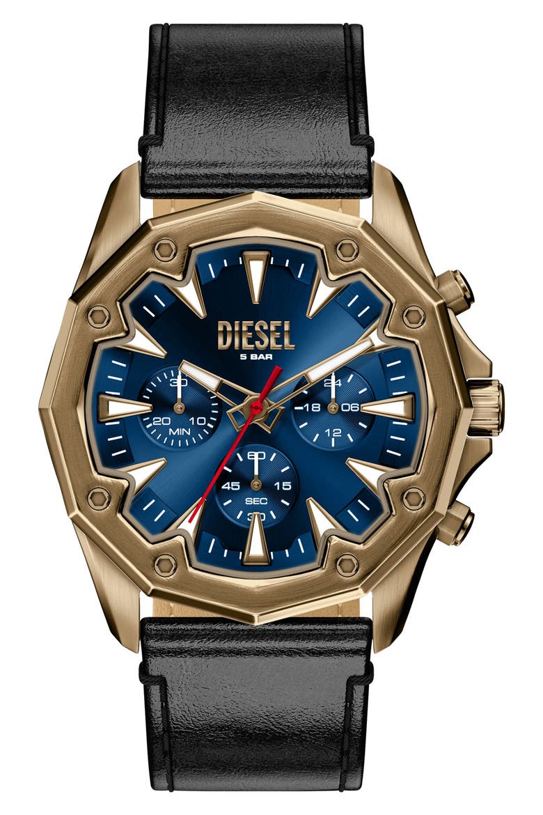Stinger Chronograph Leather Strap Watch, 46mm, Main, color, BLACK/ ANTIQUE GOLD