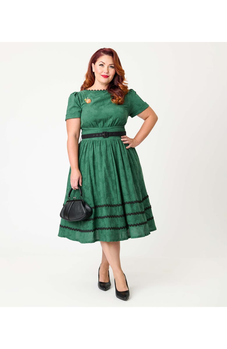 Unique Vintage Plus Size Boatneck Ricrac Swing Dress, Main, color, Emerald