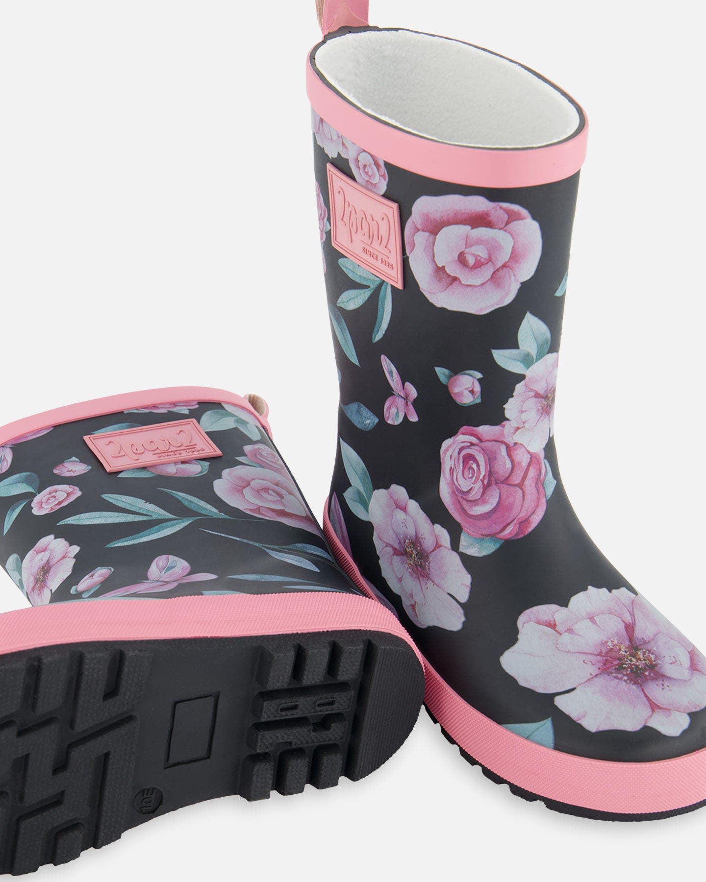 Deux par Deux Girl's Printed Rain Boots Pink, Black, And Flowers, Alternate, color, 