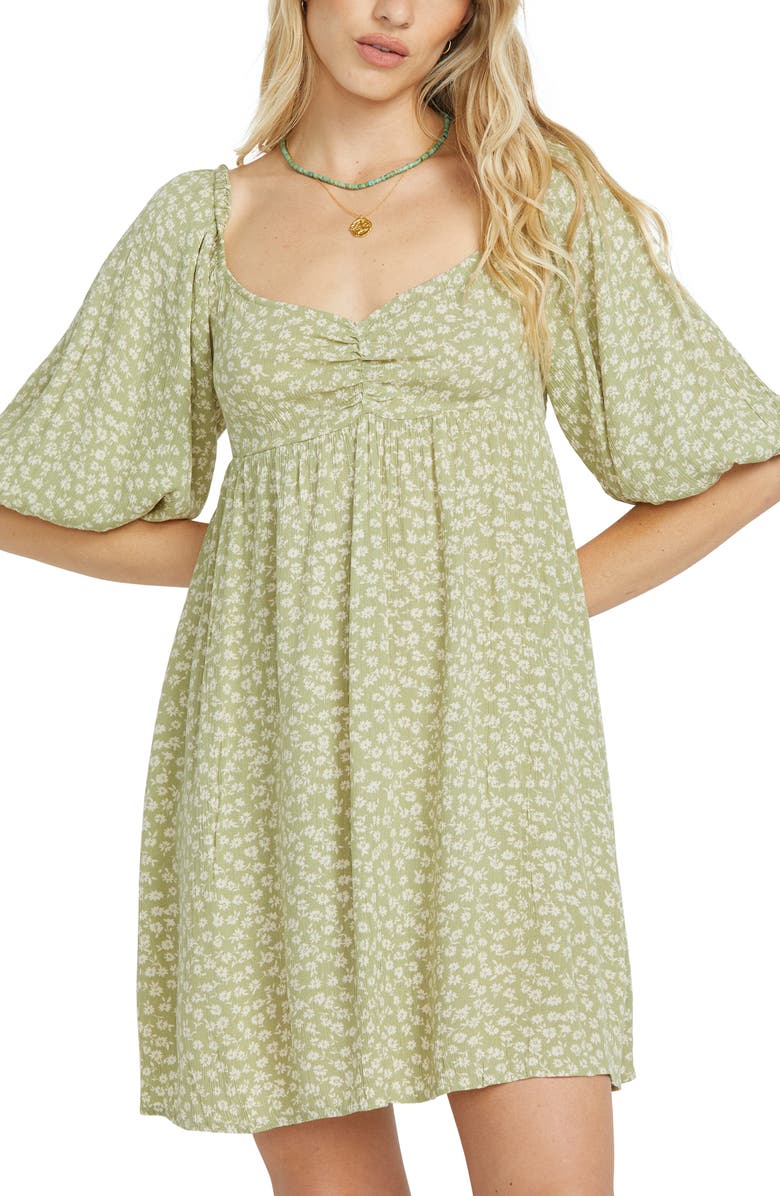 Billabong Ray of Sun Floral Puff Sleeve Dress, Alternate, color, Avocado
