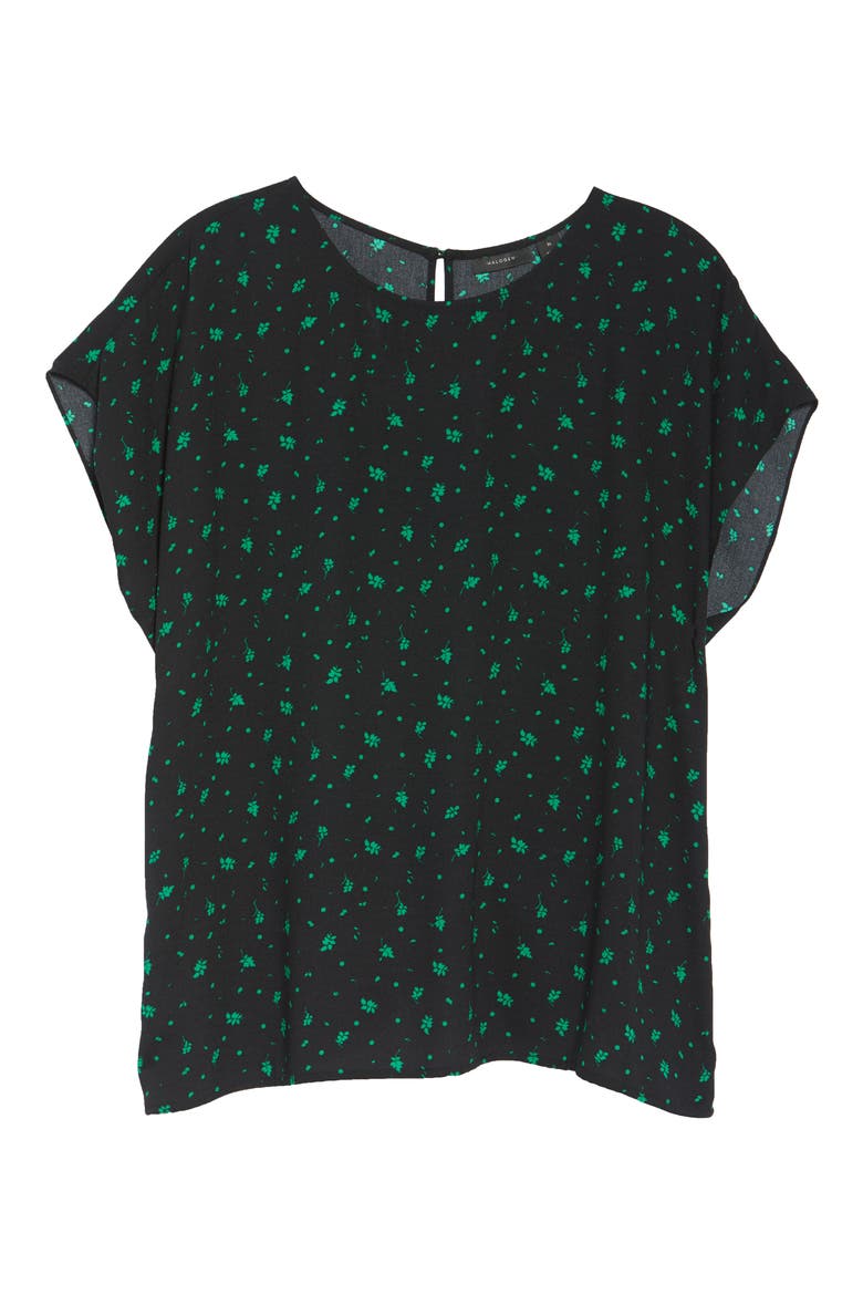 Cap Sleeve Blouse, Alternate, color, BLACK- GREEN LEAVES PRINT