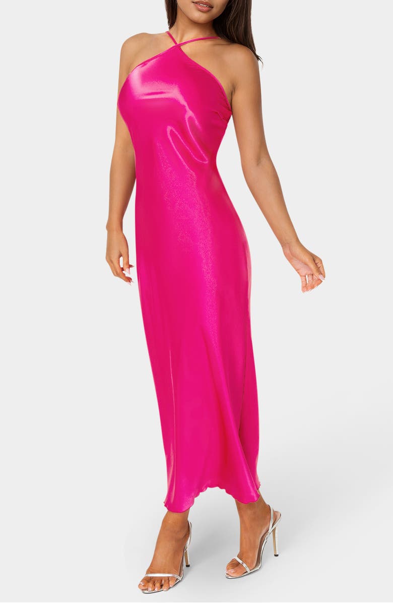 bebe Satin Halter Dress, Alternate, color, Fuchsia