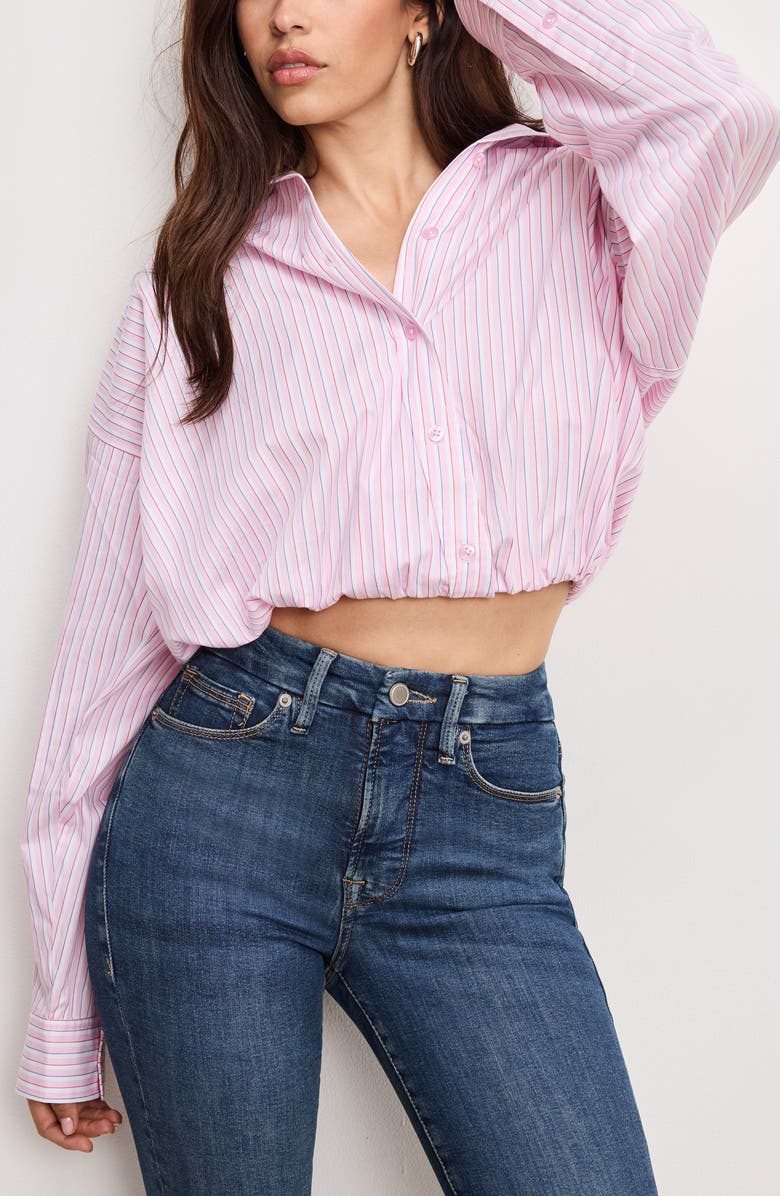 Good American Bubble Hem Crop Poplin Button-Up Shirt, Main, color, Candy Stripe001