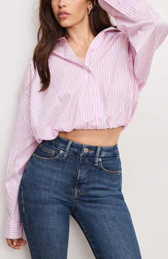 Good American Bubble Hem Crop Poplin Button-Up Shirt