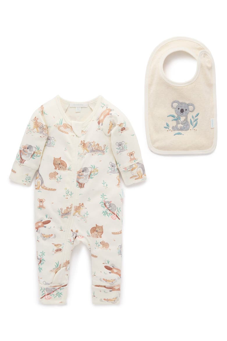 Australiana Animals Zip Romper & Bib Set, Main, color, Bush babies