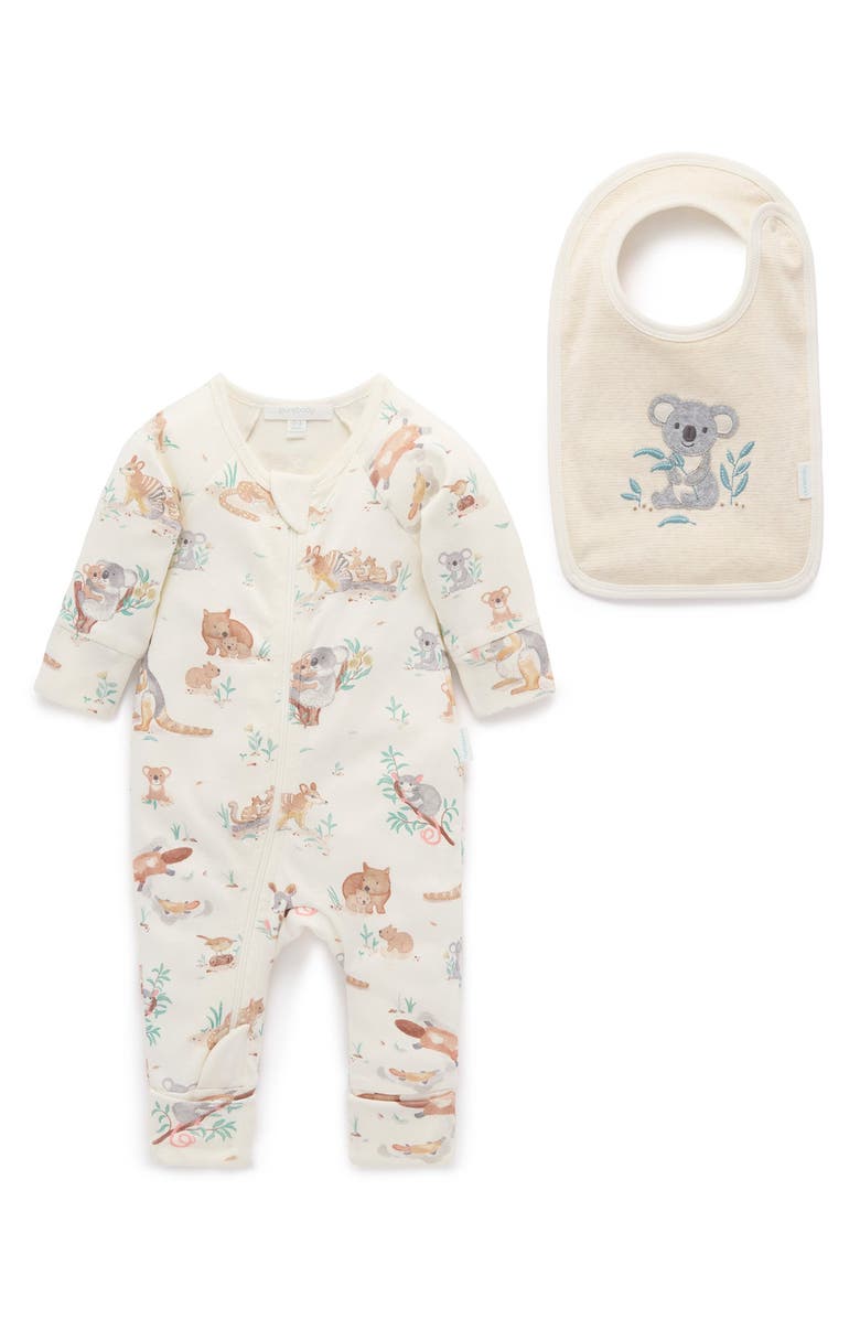 Purebaby Australiana Animals Zip Romper & Bib Set, Main, color, Bush Babies