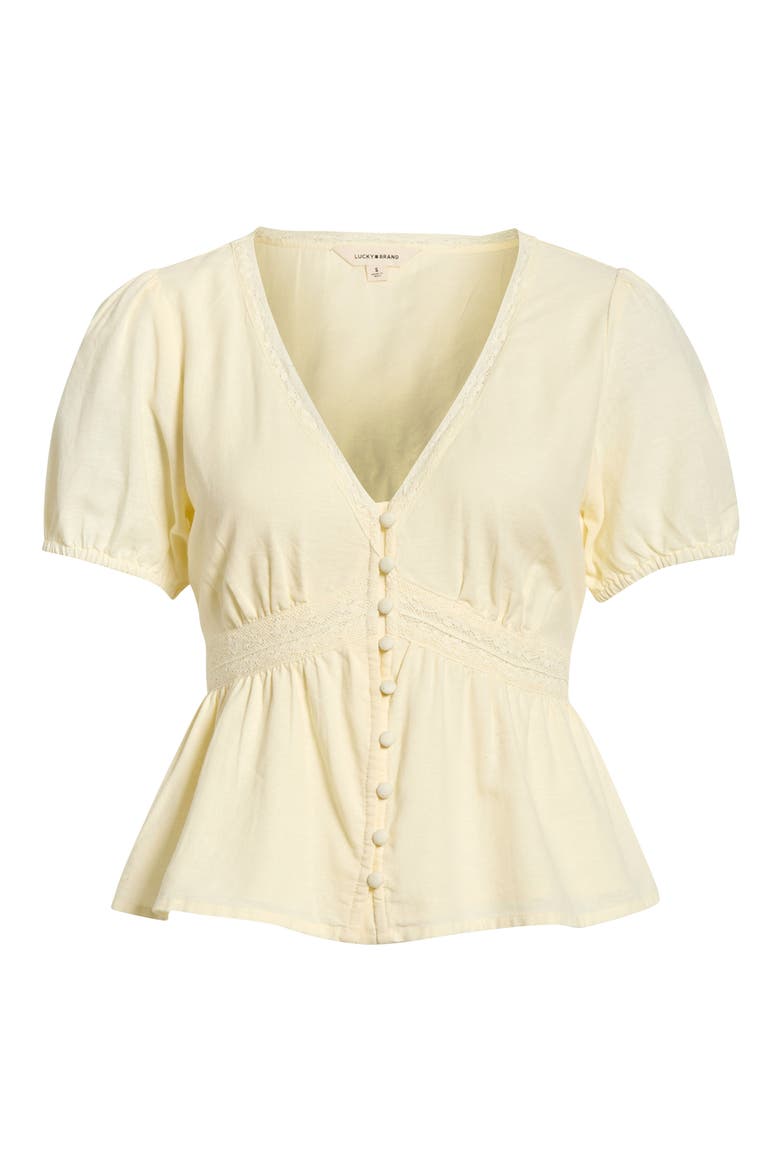 Lace Detail Linen Blend Peplum Top, Alternate, color, PASTEL YELLOW