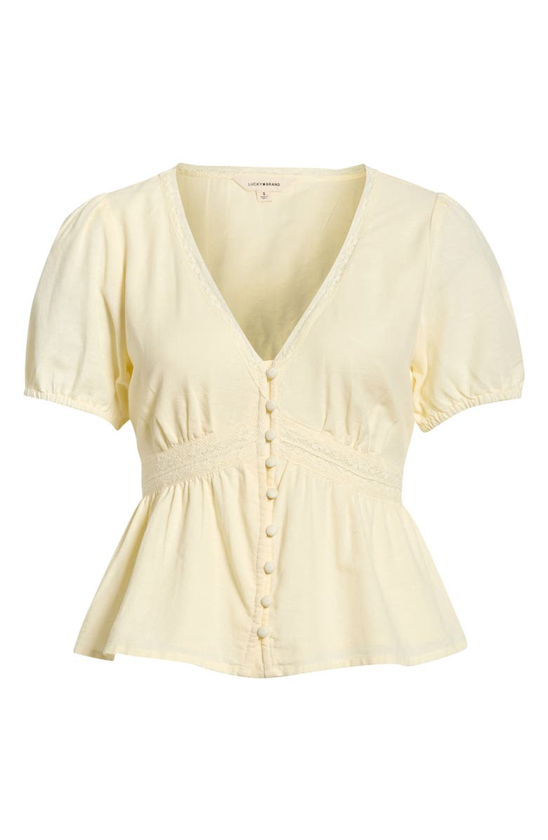 Lucky Brand Lace Detail Linen Blend Peplum Top, Main, color, Pastel Yellow