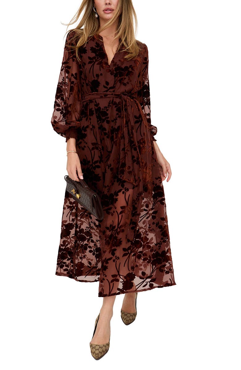 Lily and Lionel London Brezze High Neck Velvet Burnout Maxi Dress, Main, color, Brown